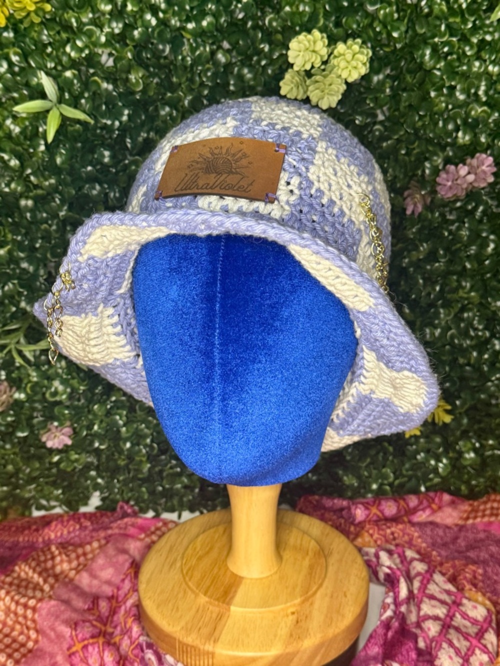 Glow In The Dark Lavender & White Crochet Bucket Hat with Chain Detail